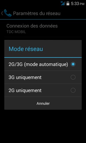 Sélectionnez 2G uniquement pour activer la 2G et 2G/3G (mode automatique) pour activer la 3G