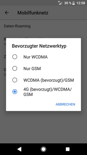 Wählen Sie WCDMA (bevorzugt)/GSM, um 3G zu aktivieren und 4G (bevorzugt)/WCDMA/GSM, um 4G zu aktivieren