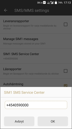 Ange SIM SMS Service Center-numret och välj OK