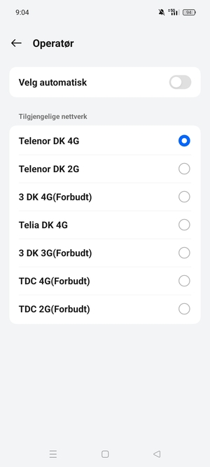 Velg en nettverksoperatør fra listen