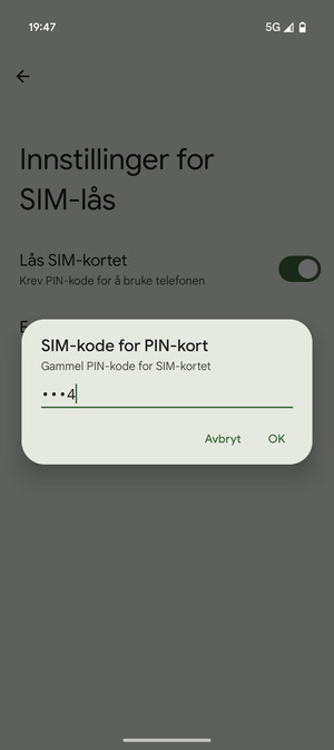 Skriv inn Gammel PIN-kode for SIM-kort og velg OK