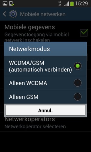 Selecteer Alleen GSM om 2G in te schakelen en WCDMA/GSM om 3G in te schakelen