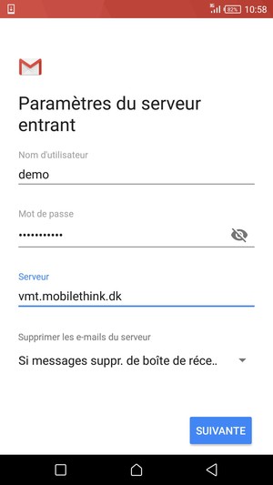 Saisissez votre Nom d'utilisateur et l'adresse du serveur entrant. Sélectionnez SUIVANTE