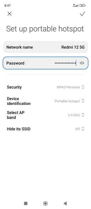 Enter a Wi-Fi hotspot password of at least 8 characters and select OK