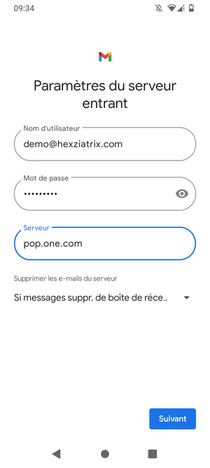 Saisissez votre Nom d'utilisateur et l'adresse du serveur entrant. Sélectionnez Suivant