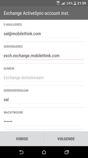 Voer Exchange serveradres en Gebruikersnaam in. Selecteer VOLGENDE