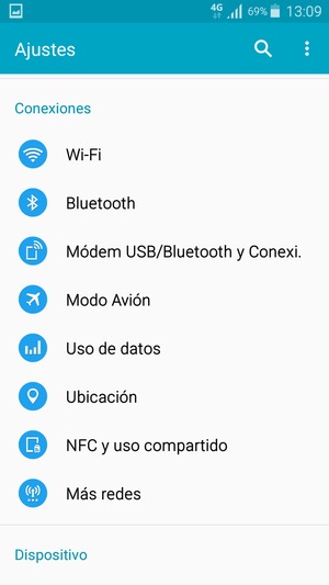 Desplácese y seleccione Módem USB/Bluetooth y Conexi.