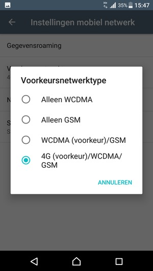Selecteer WCDMA (voorkeur)/GSM om 3G in te schakelen en 4G (voorkeur)/WCDMA/GSM om 4G in te schakelen