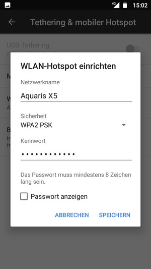 Geben Sie eine WLAN-Hotspot-Passwort mit mindestens 8 Zeichen ein und wählen Sie SPEICHERN