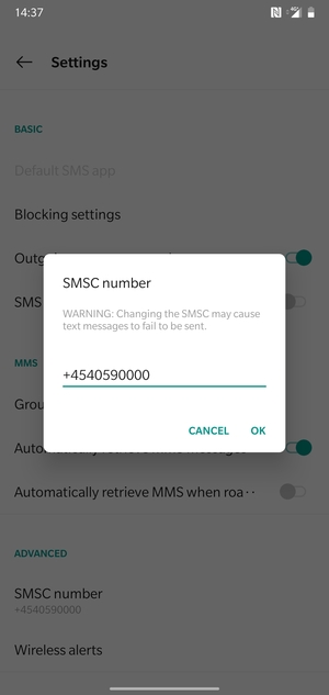 Enter the SMSC number and select OK