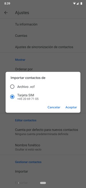 Seleccione Tarjeta SIM y Aceptar