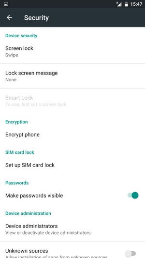 To activate your screen lock, go to the Security / Security & fingerprint menu and select Screen lock
