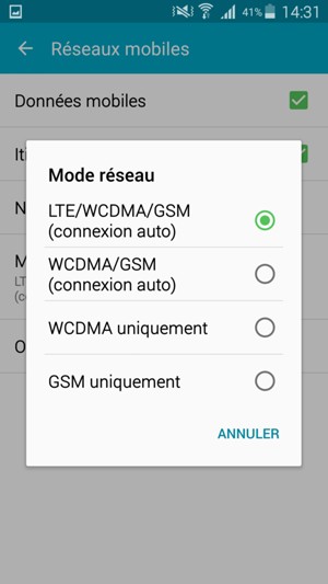 Sélectionnez LTE/WCDMA/GSM (connexion auto) / 4G/3G/2G (connexion auto) pour activer la 4G