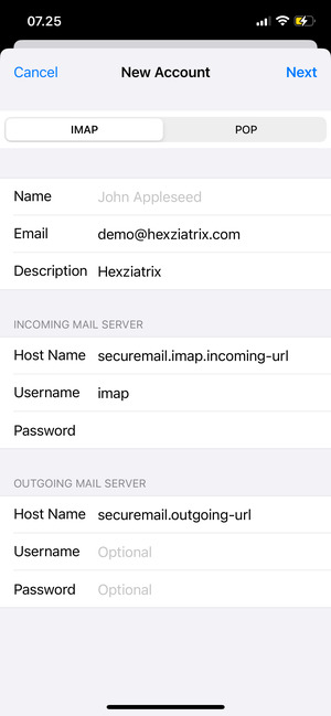Enter email information for OUTGOING MAIL SERVER and select Next