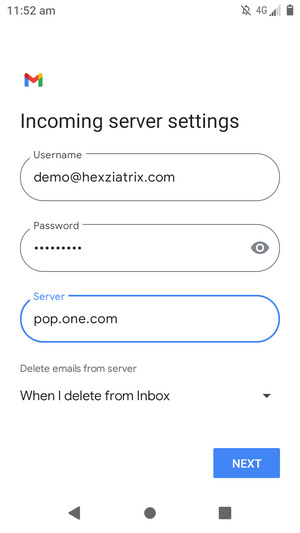 Enter Username and Incoming server address. Select NEXT