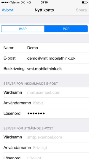 Välj POP eller IMAP och ange e-postinformation för Server för inkommande e-post