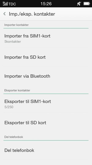Velg Importér fra SIM1-kort eller Importér fra SIM2-kort