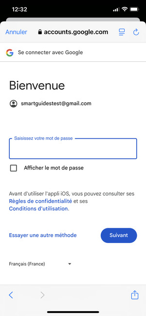 Saisissez votre Mot de passe et sélectionnez Suivant