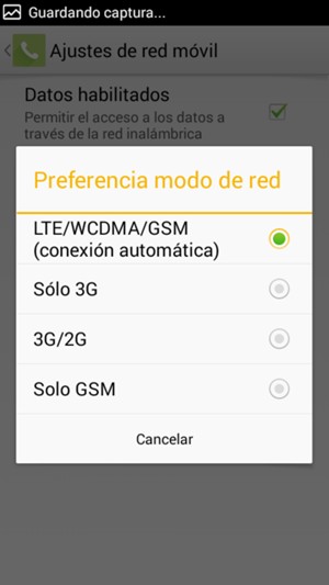Seleccione 3G/2G para habilitar 3G y LTE/WCDMA/GSM (conexión automática) para habilitar 4G