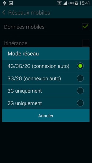 Sélectionnez 3G/2G (connexion auto) pour activer la 3G et 4G/3G/2G (connexion auto) pour activer la 4G