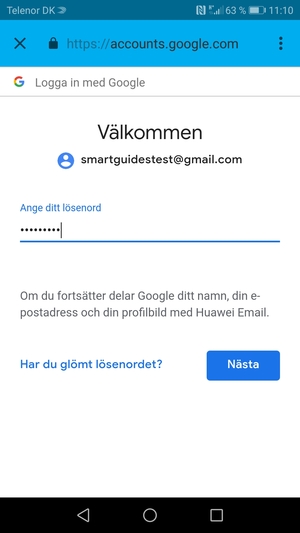 Ange ditt Gmail lösenord och välj Nästa