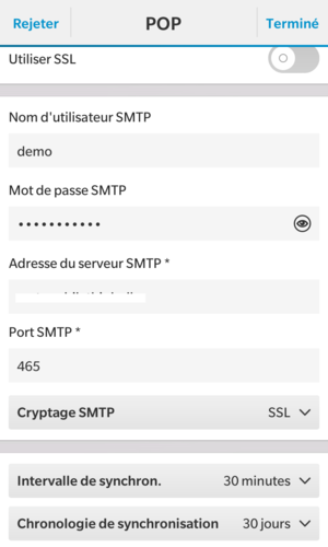 Entrez l'adresse du serveur Sortant et désactiver Cryptage SMTP. Sélectionnez Terminé