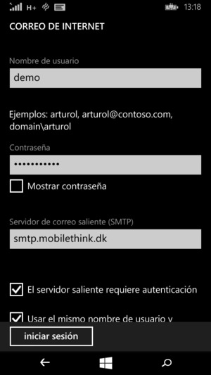 Introduzca Nombre de usuario y la dirección de servidor correo saliente (SMTP)