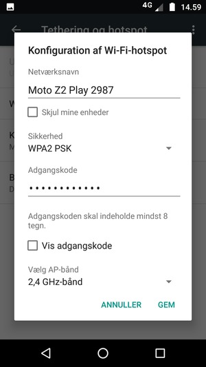Indtast en Wi-Fi-hotspot adgangskode på minimum 8 tegn og vælg GEM