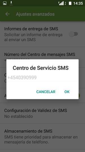 Introduzca el número de Centro de Servicio SMS y seleccione OK