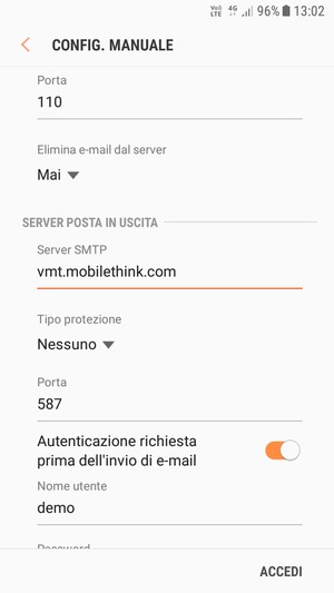 Scorri verso il basso e inserisci l'indirizzo del server di posta in uscita