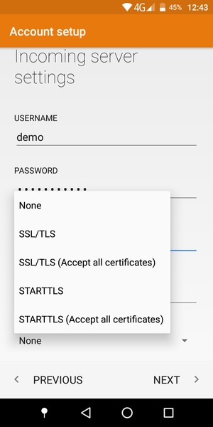 Select STARTTLS (Accept all certificates)