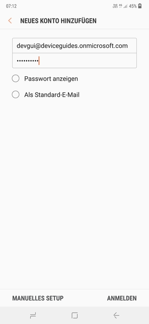 Geben Sie Ihre E-Mail-Adresse und Ihr Passwort ein. Wählen Sie MANUELLES SETUP