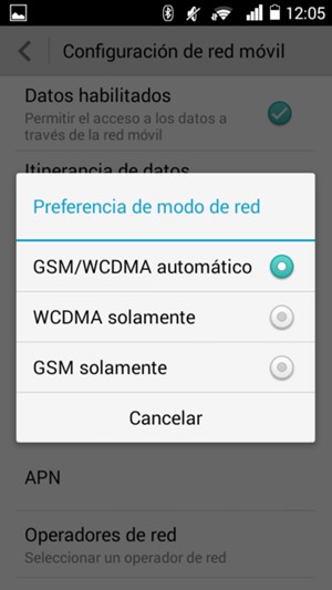 Seleccione GSM solamente para habilitar 2G y seleccione GSM/WCDMA automático para habilitar 3G