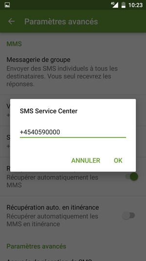 Saisissez le numéro du SMS Service Center et sélectionnez OK