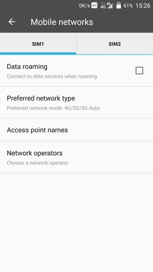Select SIM1 or SIM2 and select Access point names