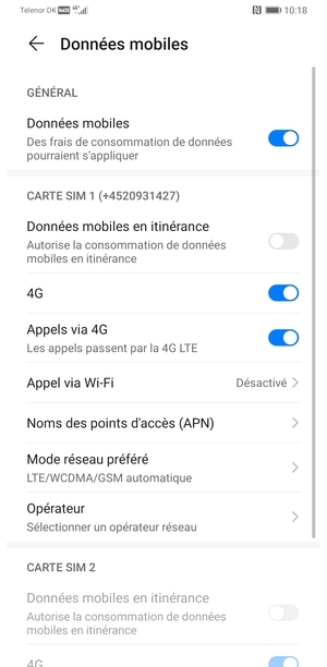 Faites défiler jusqu'à Carte SIM 1 ou Carte SIM 2 et sélectionnez Mode réseau préféré