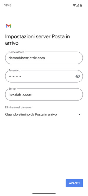 Inserisci Nome utente e l'indirizzo del server di posta in arrivo. Seleziona AVANTI