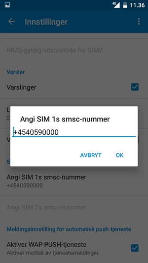 Skriv inn SIM smsc-nummer nummer og velg OK