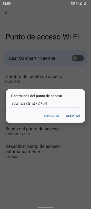 Introduzca una contraseña de punto de acceso Wi-Fi de al menos 8 caracteres y seleccione ACEPTAR