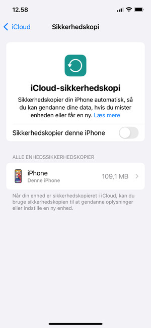 Slå Sikkerhedskopier denne iPhone til