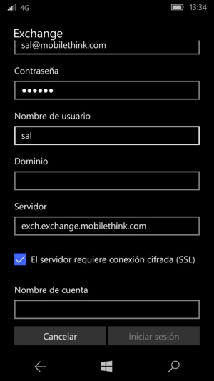 Introduzca Nombre de usuario y la dirección de servidor Exchange