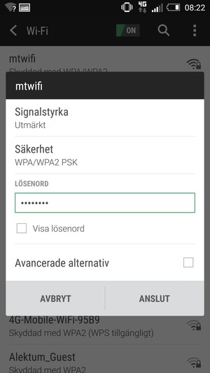 Ange Wi-Fi-lösenord och välj ANSLUT