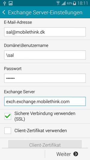 Geben Sie Benutzername und Exchange Server-Adresse ein. Wählen Sie Weiter