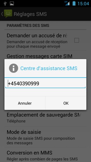 Saisissez le numéro du Centre d'assistance SMS et sélectionnez OK