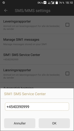 Indtast SIM SMS Service Center nummeret og vælg OK
