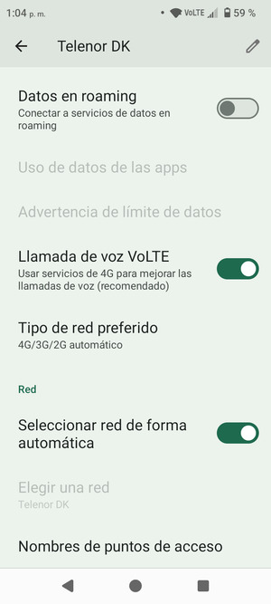 Desplácese  y seleccione Tipo de red preferido