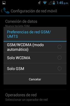 Seleccione Solo GSM para habilitar 2G y GSM/WCDMA (modo automático) para habilitar 3G