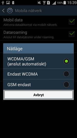 Välj GSM endast för att aktivera 2G och WCDMA/GSM (anslut automatiskt) för att aktivera 3G