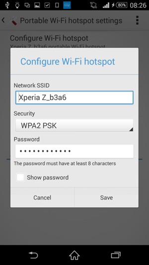 Enter a Wi-Fi hotspot password of at least 8 characters and select Save