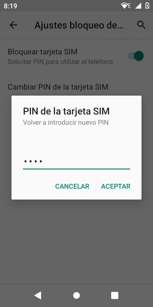 Confirme nuevo PIN de tarjeta SIM y seleccione ACEPTAR